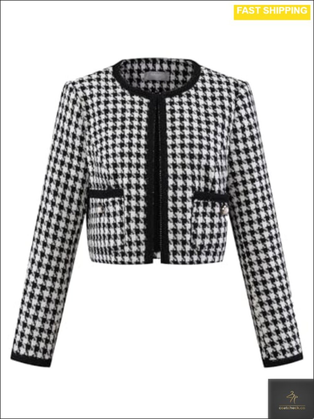 Tweed Houndstooth Plaid Collarless Cropped Blazer Jacket Long Sleeve